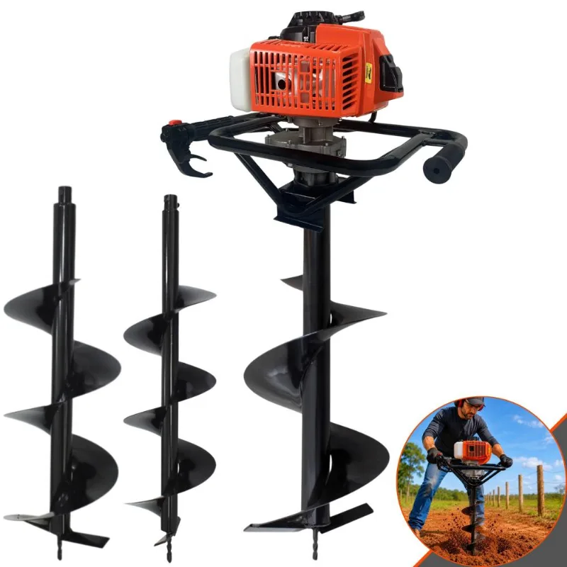 Perfurador De Solo Completo Máquina Fura Terra Trado Motorizado Duratork Dps623g À Gasolina 2t 62cc 3hp 12.500rpm + Kit 3 Brocas 80x20, 80x25 E 80x30