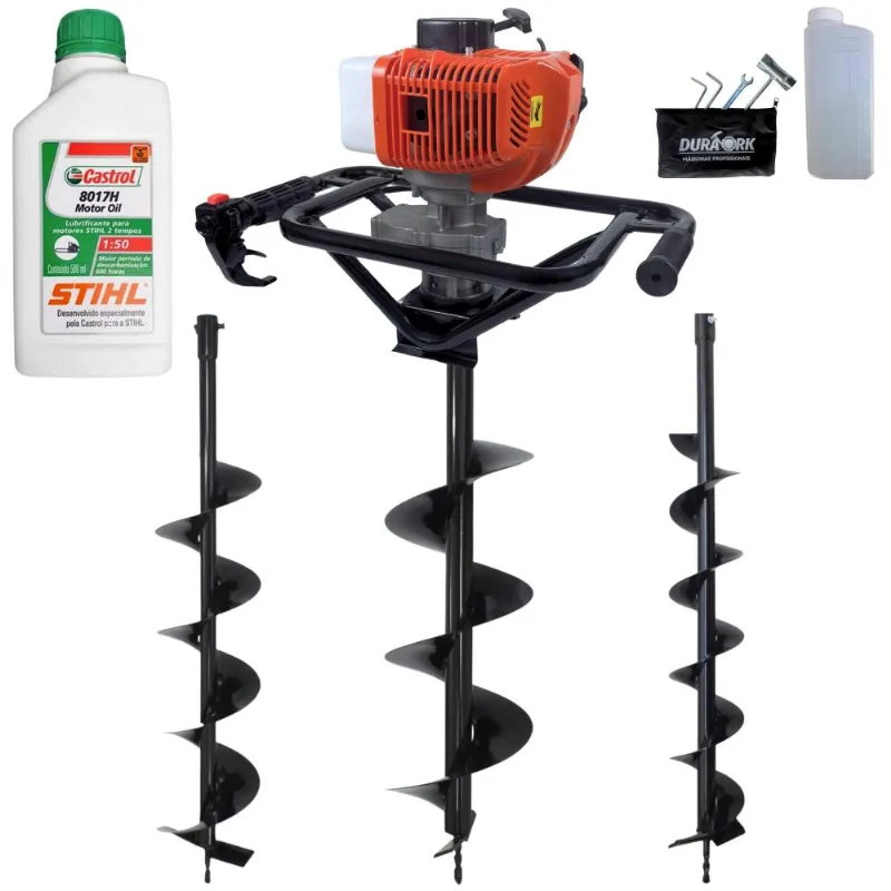 Trado Motorizado À Gasolina Duratork Dps523p 52cc 2,5hp 10.500rpm Perfurador De Alta Performance + Brocas 80x10, 80x15 E 80x20 + Óleo Stihl 8017 2t