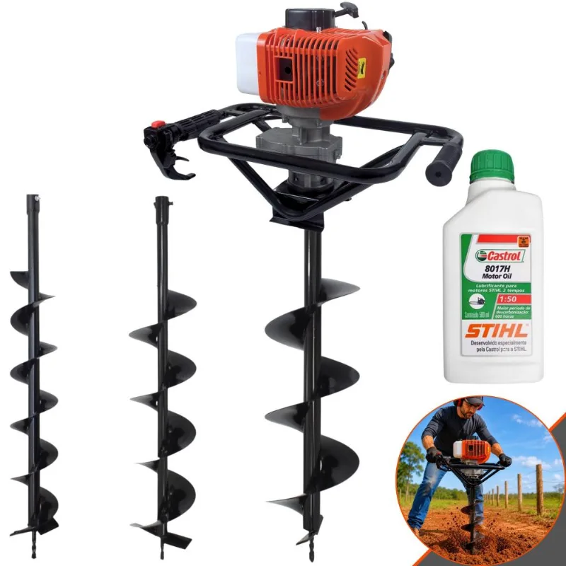 Perfurador De Solo Duratork Dps523p À Gasolina Motor 2t 52cc 2,5hp 10.500rpm Empunhadura Ergonômica + Brocas 80x10cm, 80x15cm E 80x20cm + Óleo Stihl