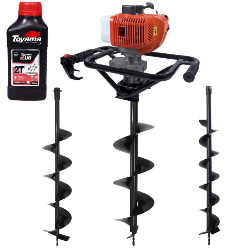 Perfurador De Polo Profissional À Gasolina Duratork Dps523p 2,5hp De Potência 52cc 10500rpm + Conjunto De Brocas 80x10, 80x15 E 80x20 + Óleo Toyama 2t