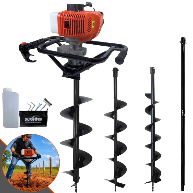 Kit Perfurador Duratork Dps523p À Gasolina 52cc 10500rpm 2,5hp Com Brocas 80x10cm, 80x15cm E 80x20cm + Extensão 100cm Para Mourões E Reflorestamento