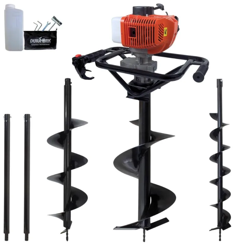 Perfurador de Solo Polaca Cavadeira Duratork DPS523M à Gasolina 52cc 2,5hp para Construção Civil + Brocas 80x10cm, 80x20cm e 80x30cm + 2 Extensão 60cm