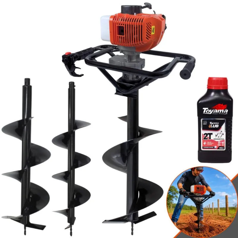Trado Motorizado Duratork Dps523g À Gasolina 52cc 2,5hp 10500rpm Perfurador De Solo Profissional Com Brocas 80x20cm 80x25cm 80x30cm + Óleo Toyama 2t