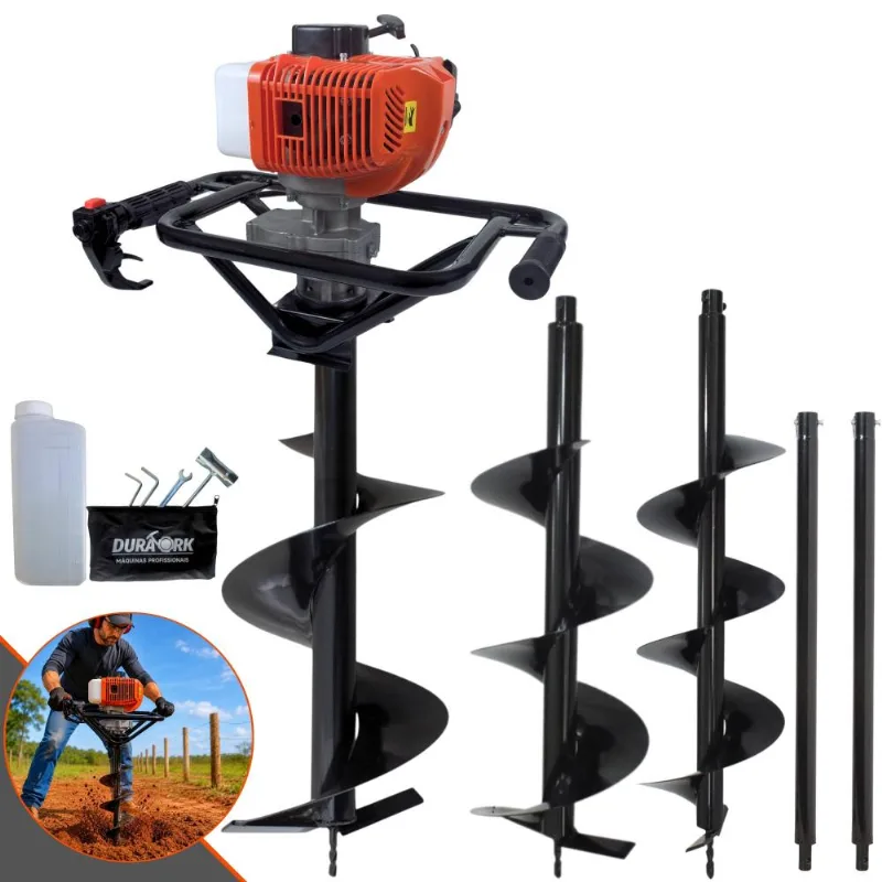 Perfurador de Solo Duratork DPS523G a Gasolina 52cc 2,5hp de Potência + 3 Brocas 80x20, 80x25, 80x30 para Plantio e Construção Civil + 2 Extensão 60cm