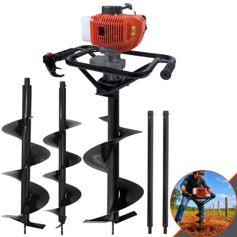 Perfurador De Solo Perfuratriz Duratork Dps523g À Gasolina 52cc 2,5hp De Potência 10500rpm Com Kit Brocas 80x20cm, 80x25cm E 80x30cm + 2 Extensões