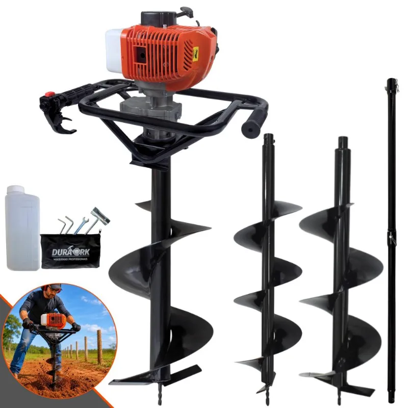 PERFURADOR DE SOLO POLACA CAVADEIRA DURATORK DPS523G À GASOLINA 52CC 2,5HP PARA CONSTRUÇÃO CIVIL + BROCAS 80X20CM, 80X25CM E 80X30CM + EXTENSÃO 100CM