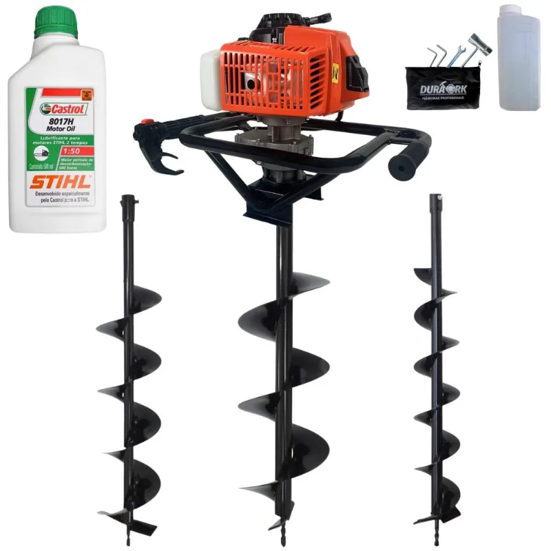 Perfurador De Solo Profissional À Gasolina Duratork Dps623p 62cc 3hp De Alta Rotação E Performance + Brocas 80x10cm, 80x15cm E 80x20cm + Óleo Stihl
