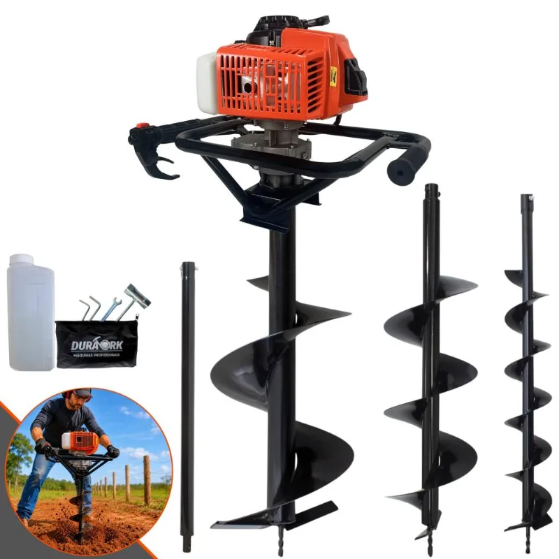 Kit Perfurador Duratork Dps623m À Gasolina 2t 62cc 12.500rpm 3hp Com Brocas 80x10cm, 80x20cm E 80x30cm + Extensão 60cm Para Mourões E Reflorestamento