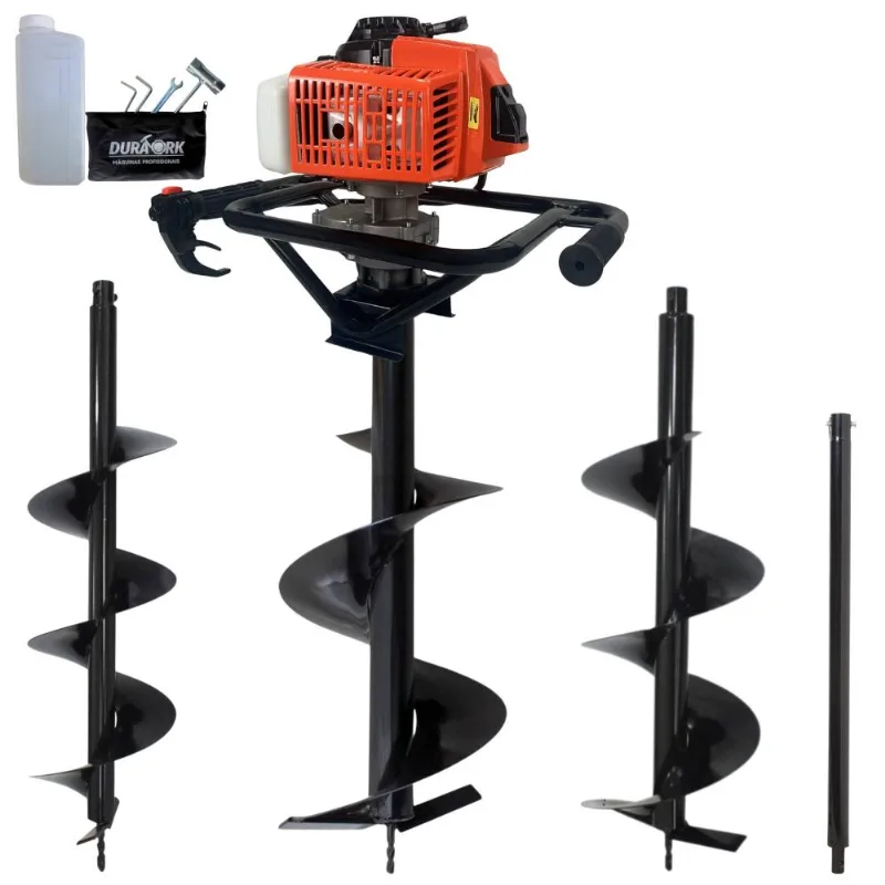 Perfurador de Solo Polaca Cavadeira Duratork DPS623G à Gasolina 62cc 3hp para Construção Civil + Brocas 80x20cm, 80x25cm e 80x30cm + Extensão 60cm