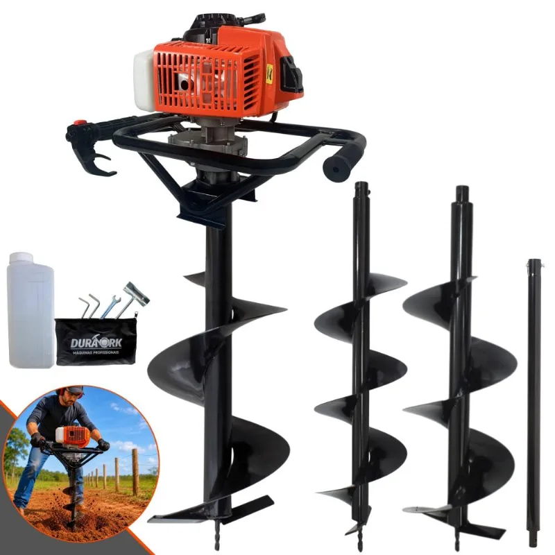 Kit Perfurador Duratork Dps623g À Gasolina 2T 62cc 12.500rpm 3hp Com Brocas 80x20cm, 80x25cm E 80x30cm + Extensão 60cm Para Mourões E Reflorestamento