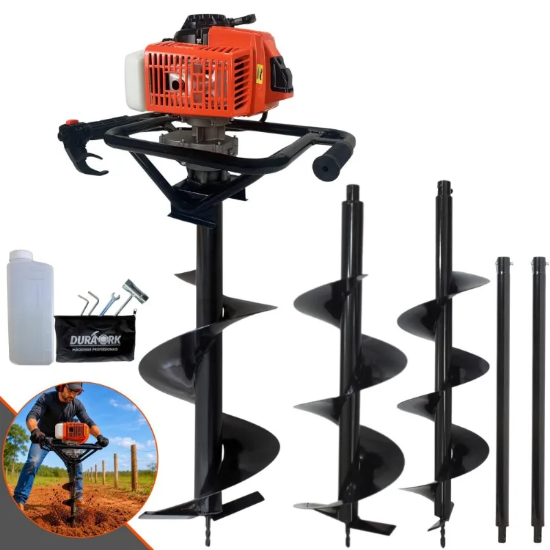 Perfurador De Solo Duratork Dps623g À Gasolina 62cc 3hp De Potência + 3 Brocas 80x20, 80x25, 80x30 Para Plantio E Construção Civil + 2 Extensão 60cm