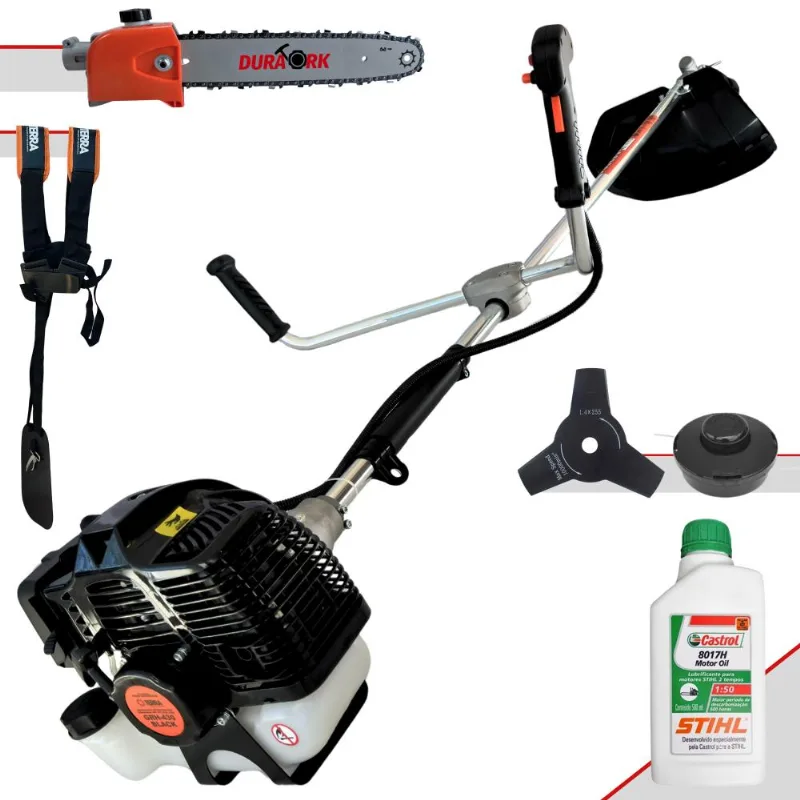 Roçadeira Multifuncional Completa Terra GRH430 à Gasolina 43cc 1,7hp de Potência 6500rpm + Lâmina 3 Pontas + Carretel + Podador de Galhos + Óleo Stihl