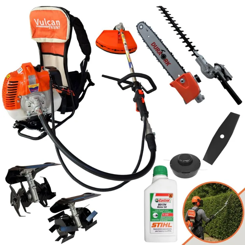 Roçadeira Vulcan VRC430 43cc 1,7HP Carretel + Faca 2 Pontas + Enxada Capinadeira + Enxada Cultivadora + Podador de Galhos e Esqueletador + Óleo Stihl