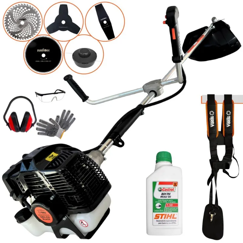 Máquina De Cortar Grama Terra GRH430 43cc 1,7HP 6.500RPM 5 Em 1 Com Carretel + Facas 2 Pontas, 3 Pontas, 40 Dentes, 80 Dentes, EPI E Óleo Stihl