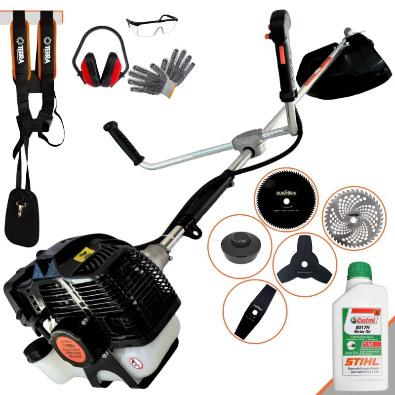 Roçadeira À Gasolina Terra Grh430 43cc 1,7hp 6.500rpm Completa Com Vela Champion + Cabeçote Nylon + Kit 4 Lâminas De Cortes + Epi + Óleo Stihl 2t