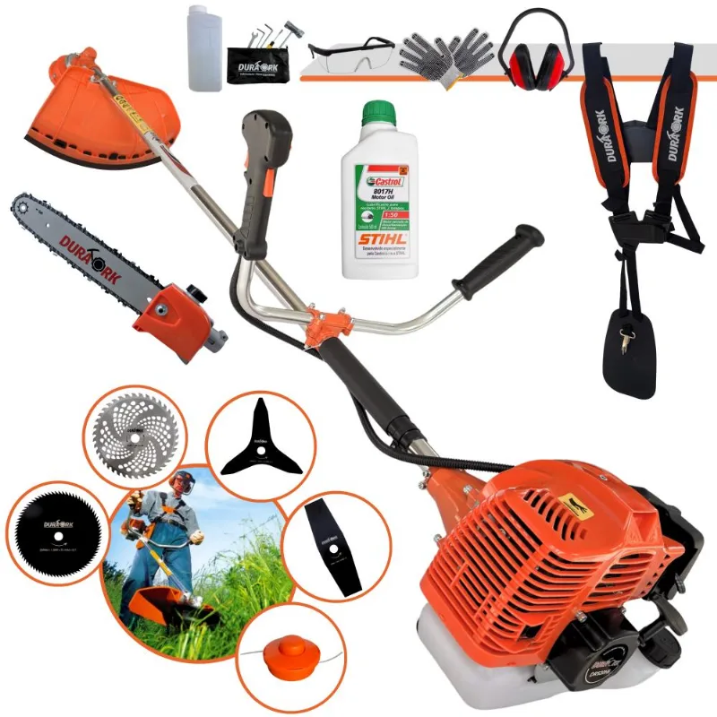 Roçadeira À Gasolina Duratork Dr520h5 2,5hp Completa Com Vela Champion + Cabeçote Nylon + 4 Lâminas De Cortes + Epi + Podador De Galhos + Óleo Stihl