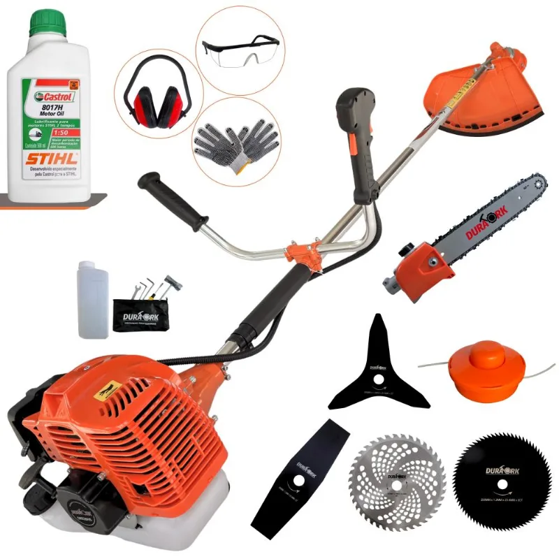 Cortador de Grama Duratork DR520H5 52cc 2,5hp 10.500rpm com Carretel + Facas 2 Pontas, 3 Pontas, 40 Dentes, 80 Dentes, EPI e Poda Galho + Óleo Stihl