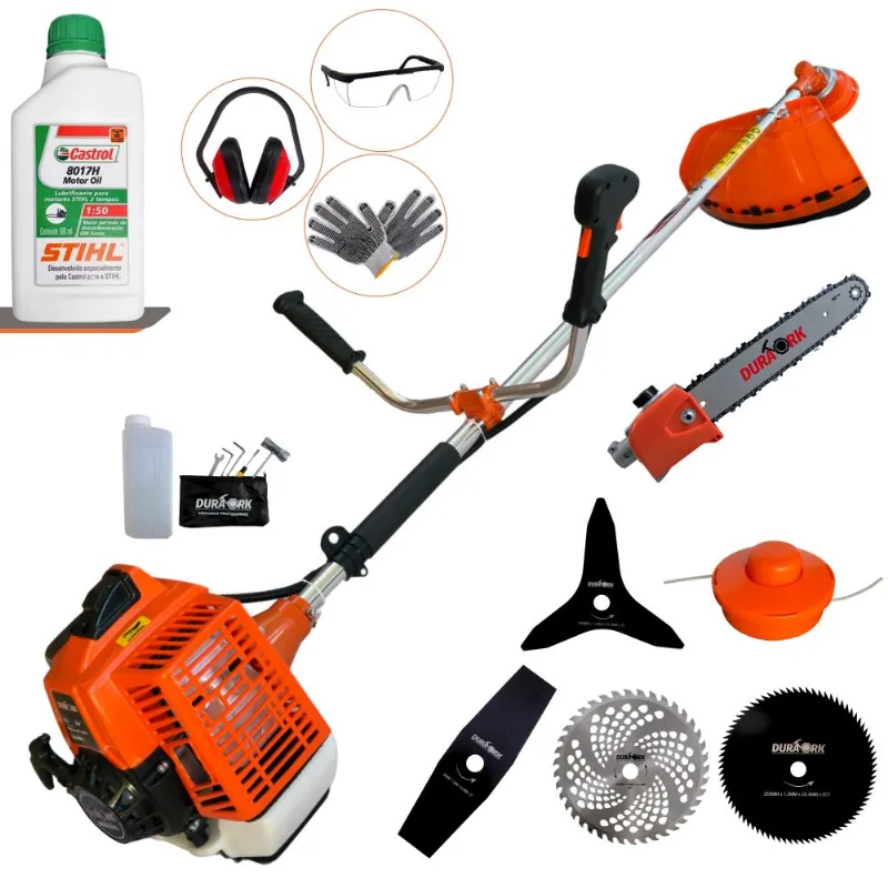 Roçadeira À Gasolina Duratork Dr620h5 3hp Completa Com Vela Champion Cabeçote Nylon 4 Lâminas De Cortes Epi Podador De Galhos Óleo Stihl