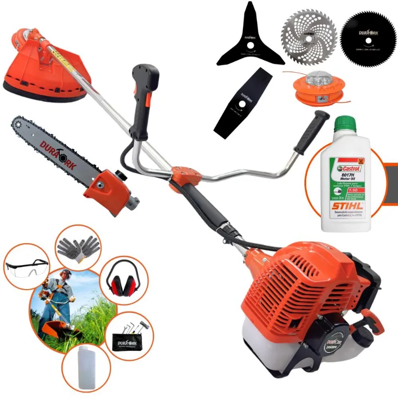 Roçadeira À Gasolina Duratork Dr520p5 2,5hp Completa Com Vela Champion + Cabeçote Nylon + 4 Lâminas De Cortes + Epi + Podador De Galhos + Óleo Stihl