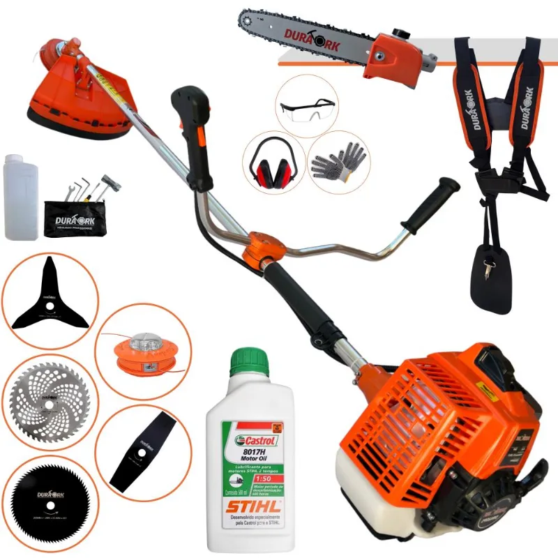 Aparador De Grama Duratork Dr620p5 62cc C/ Lâminas 2 Pontas E 3 Pontas + Disco 40 Dentes E 80 Dentes + Carretel + Epi + Podador De Galhos + Óleo Stihl