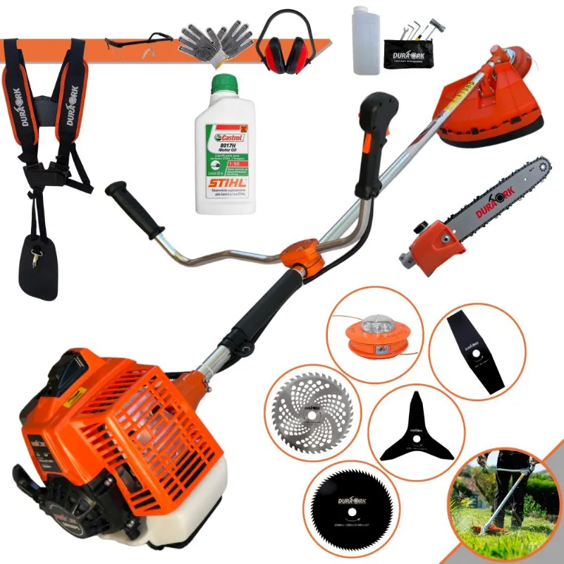 Roçadeira À Gasolina Duratork DR620P5 3HP Completa Com Vela Champion + Cabeçote Nylon + 4 Lâminas De Cortes + EPI + Podador De Galhos + Óleo Stihl