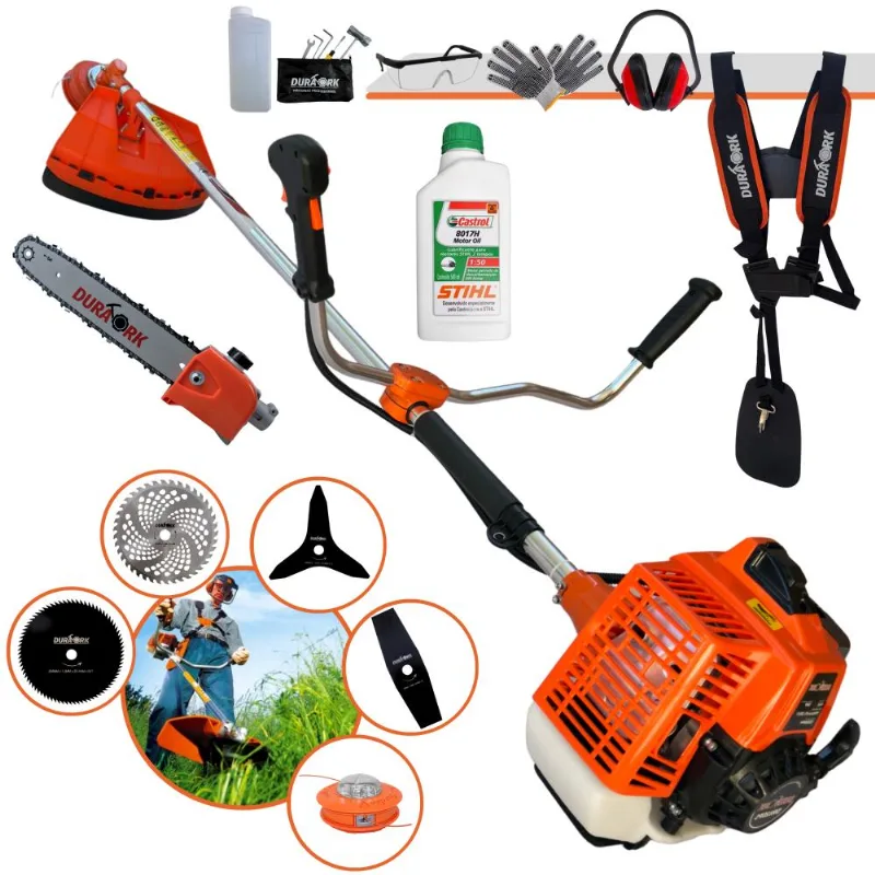 Máquina De Cortar Grama Duratork DR620P5 62cc 3hp 6 Em 1 C/ Carretel + Facas 2 Pontas, 3 Pontas, 40 Dentes, 80 Dentes, EPI E Poda Galho + Óleo Stihl