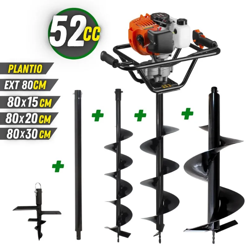 Perfurador De Solo Tekna Ea52xs Á Gasolina 2t 52cc 2,5hp + Broca 80x15cm + Broca 80x20cm + Broca 80x30cm + Broca De Plantio + Extensão 80cm