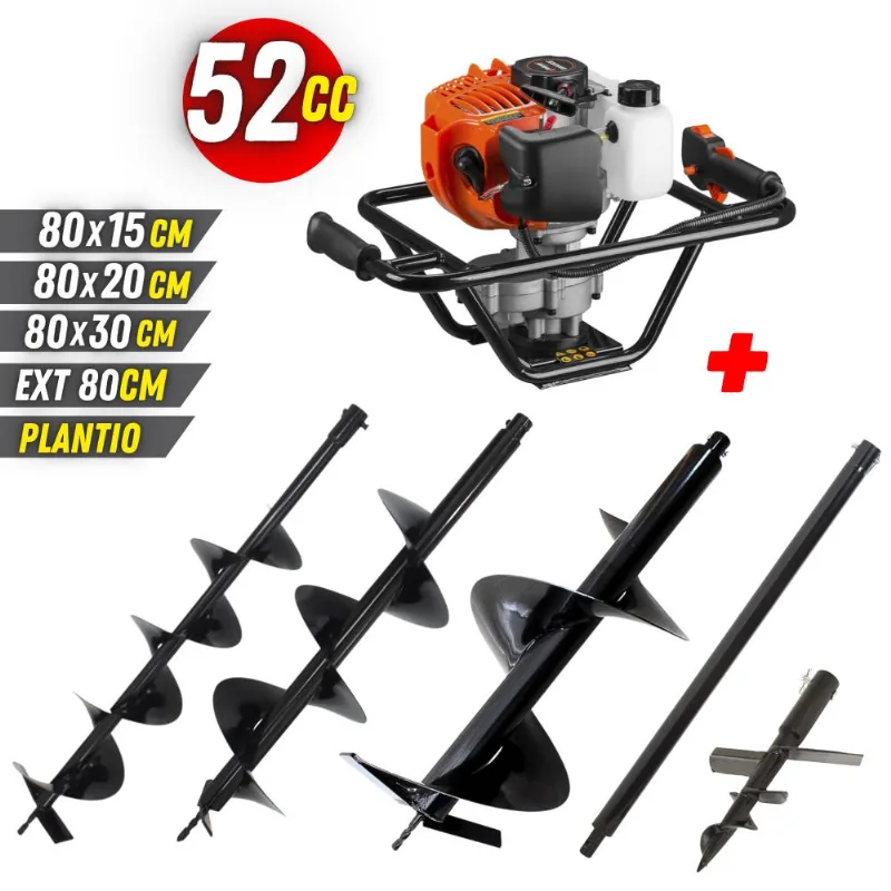 Perfurador De Solo Trado Motorizado Tekna Ea52xs Á Gasolina 2t 52cc 2,5hp Com Kit 4 Brocas + Extensor Alongador De 80cm