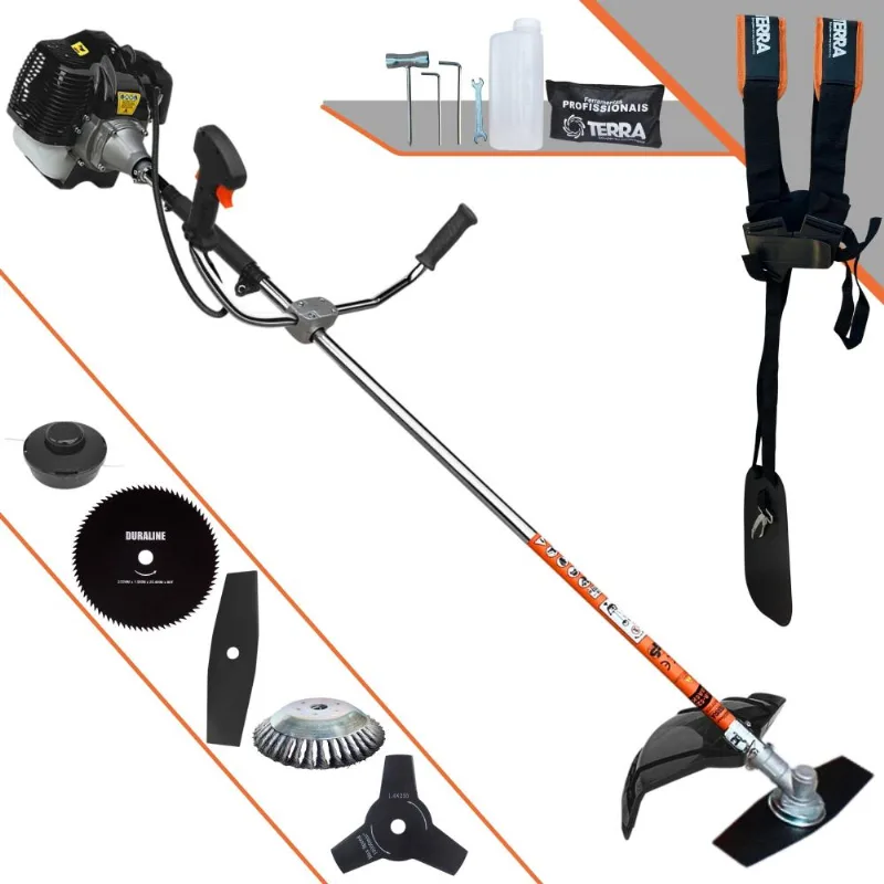 Roçadeira Terra Grh-520 À Gasolina 52cc 2,5hp Completa Com Carretel De Nylon + Lâmina 2 Pontas + Lâmina 3 Pontas + Lâmina 80 Dentes + Escova De Aço