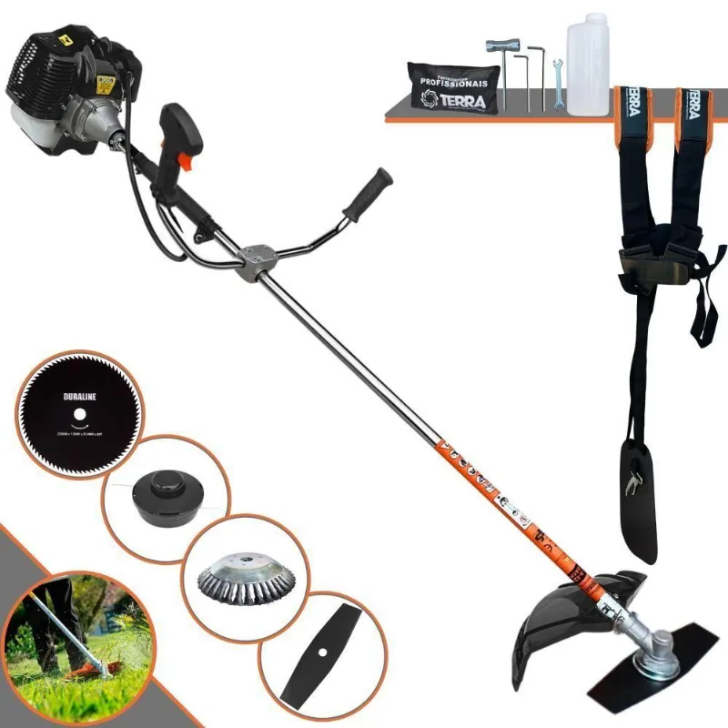 Roçadeira Profissional Lateral Terra Grh520 À Gasolina 52cc 2t 2,5hp + Faca 80 Dentes Duraline 255mm 1,5mm + Escova Rot