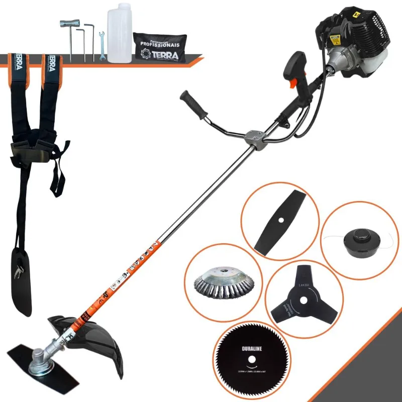 Roçadeira Alta Performance Terra Grh520 À Gasolina 2,5hp 52cc 6.500rpm + Kit Extra De Lâmina 3 Pontas, Lâmina 80 Dentes E Escova De Aço 38 Cerdas