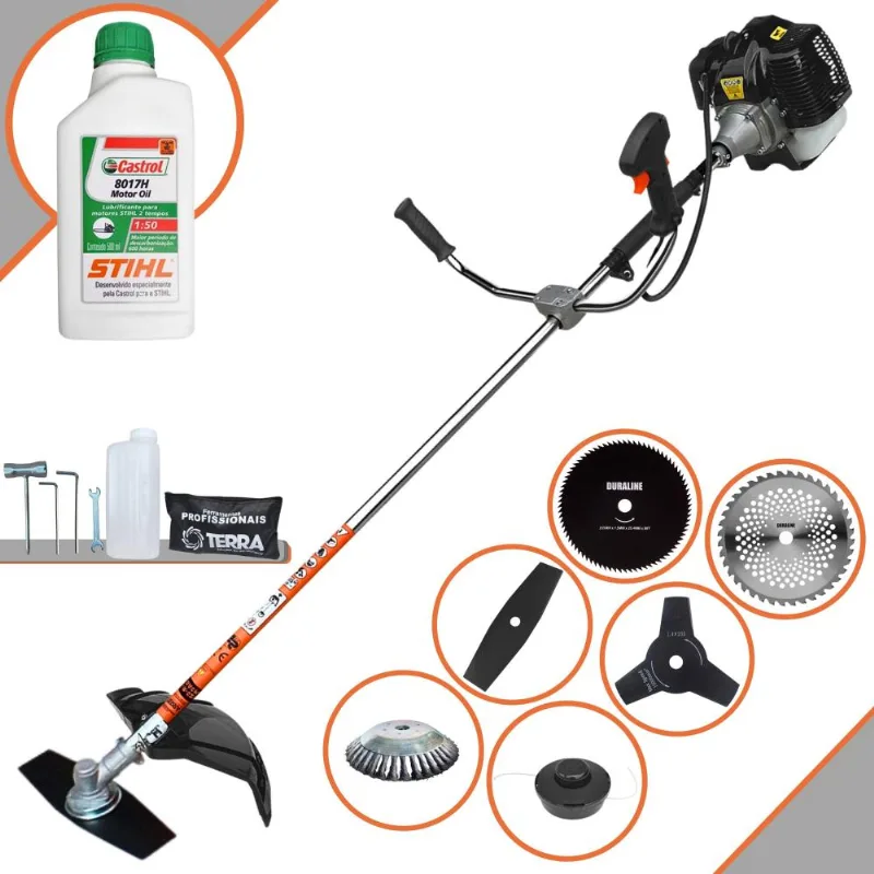 Roçadeira Aparador De Grama À Gasolina Terra Grh-520 52cc 2,5hp 6.500rpm Completo Com Kit 4 Lâminas + Carretel Nylon + Escova De Aço + Óleo Stihl 2t