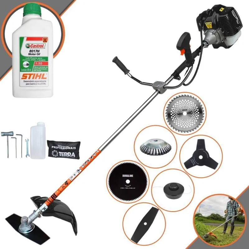 Roçadeira Profissional Terra Grh520 À Gasolina 52cc 2,5hp + Faca 3p Duraline + Faca 40d Duraline + Faca 80d Duraline +