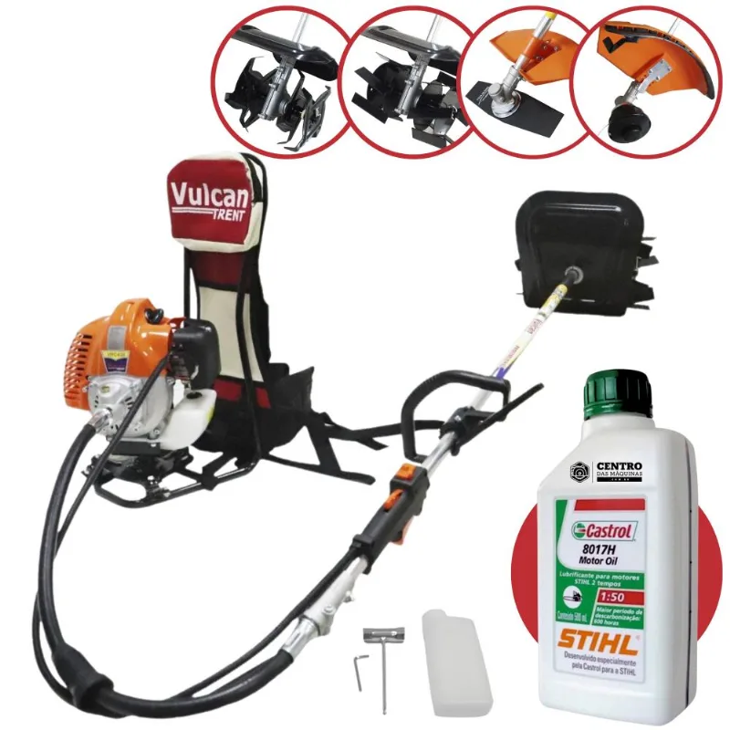 Roçadeira Costal Multifuncional Vulcan Vrc430 43cc 1,7hp C/ Faca 2 Pontas, Carretel Nylon, Enxada Capinadeira E Enxada Cultivadora + Óleo Stihl 2t