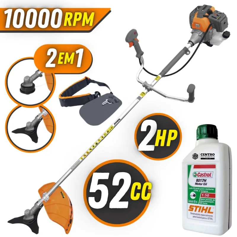 Roçadeira Profissional Lateral Tekna Rl520p Plus Á Gasolina 2t 52cc 2hp 10.000rpm Alta Performance C/ Lâmina 3 Pontas + Cabeçote Nylon + Óleo Stihl