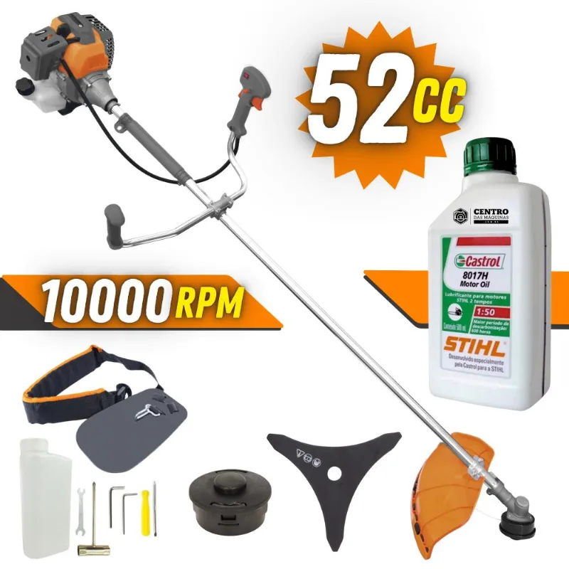 Cortador De Grama À Gasolina Tekna RL520P Plus 2T 52Cc 2Hp 10.000Rpm Roçadeira Modelo Completo C/ Lâmina 3 Pontas E Carretel Nylon + Óleo Stihl 2T