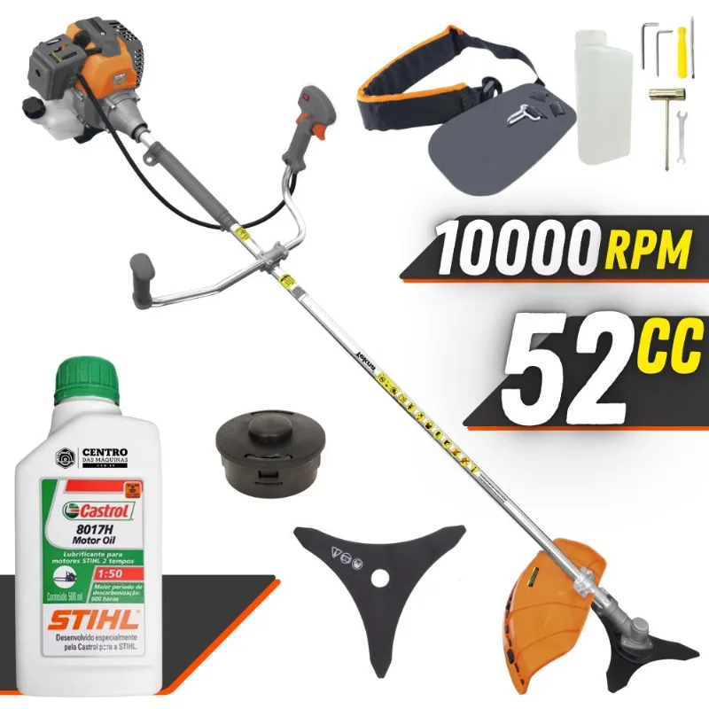 Roçadeira Aparador De Grama Á Gasolina Tekna Rl520p Plus Motor 2t 52cc 2hp Modelo Completo Com Lâmina 3 Pontas E Cabeçote Nylon + Óleo Stihl 2t