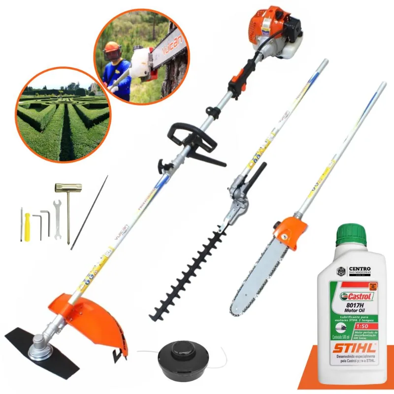 Máquina De Cortar Grama Á Gasolina Lateral Vulcan Vrm330 33cc Roçadeira Multifuncional 4 Em 1 + Óleo Stihl 2t 500ml