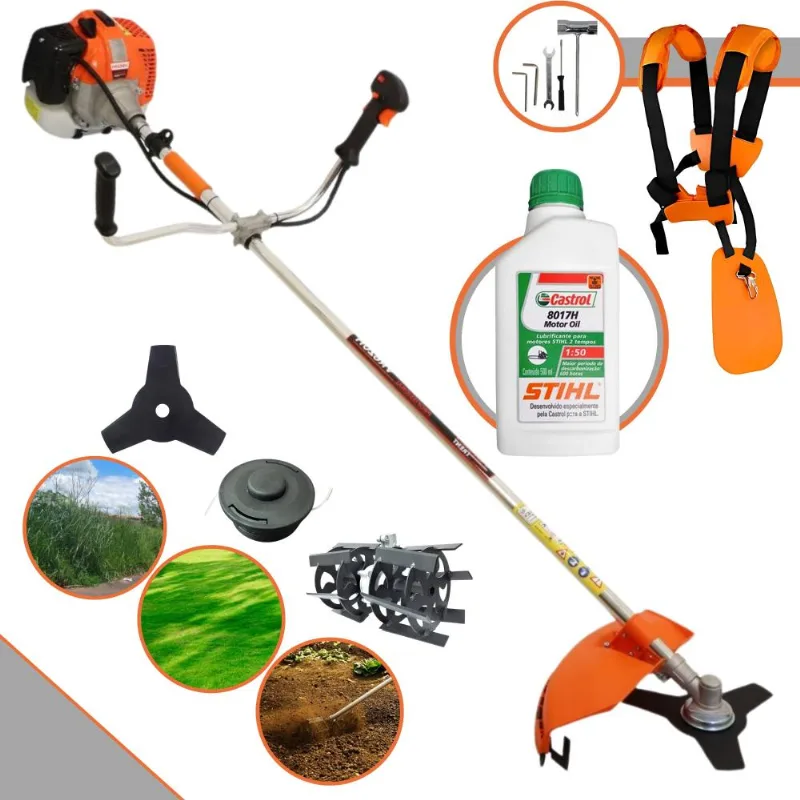 Roçadeira Lateral Vulcan Vr620h À Gasolina 62cc 12.500rpm 3hp Completo Com Lâmina 3 Pontas + Carretel Nylon + Enxada Rotativa + Óleo Stihl 2 Tempos