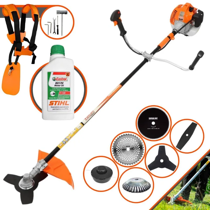 Cortador De Grama À Gasolina Vulcan Vr520h 52cc 2,5hp 10.000rpm Roçadeira Lateral 6 Em 1 Com Carretel + Kit 4 Facas + Escova De Aço + Óleo Stihl 2t