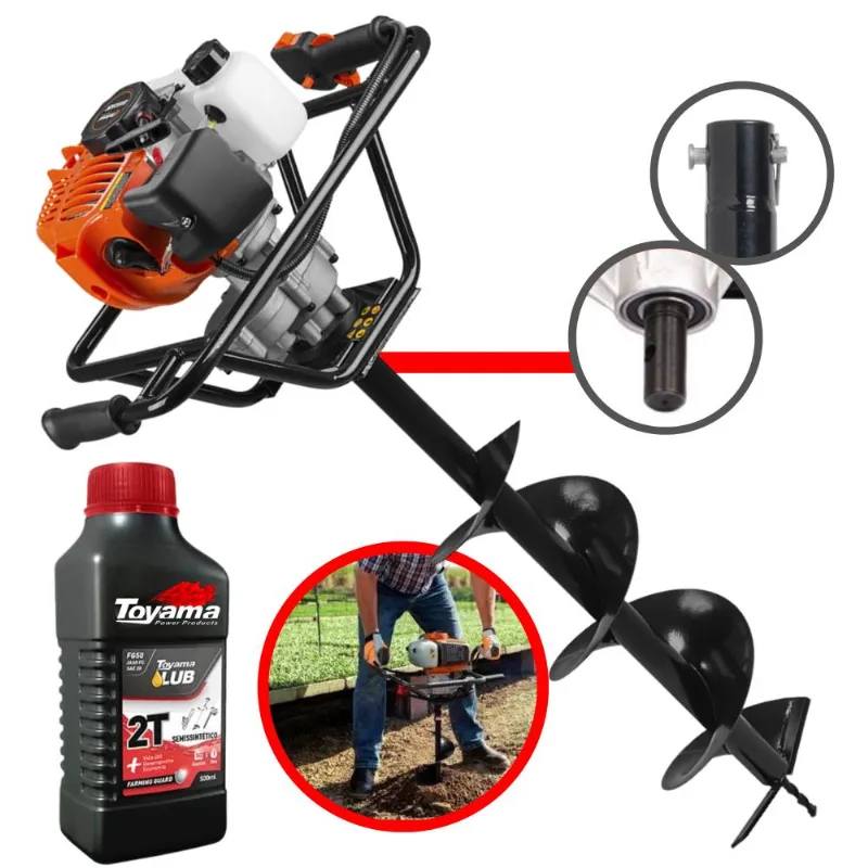 Perfurador Trado Motorizado Á Gasolina Tekna Ea52xs 2t 52cc 2,5hp Punho Resistente E Baixa Vibração + Broca 80x20 + Óleo Toyama 2t