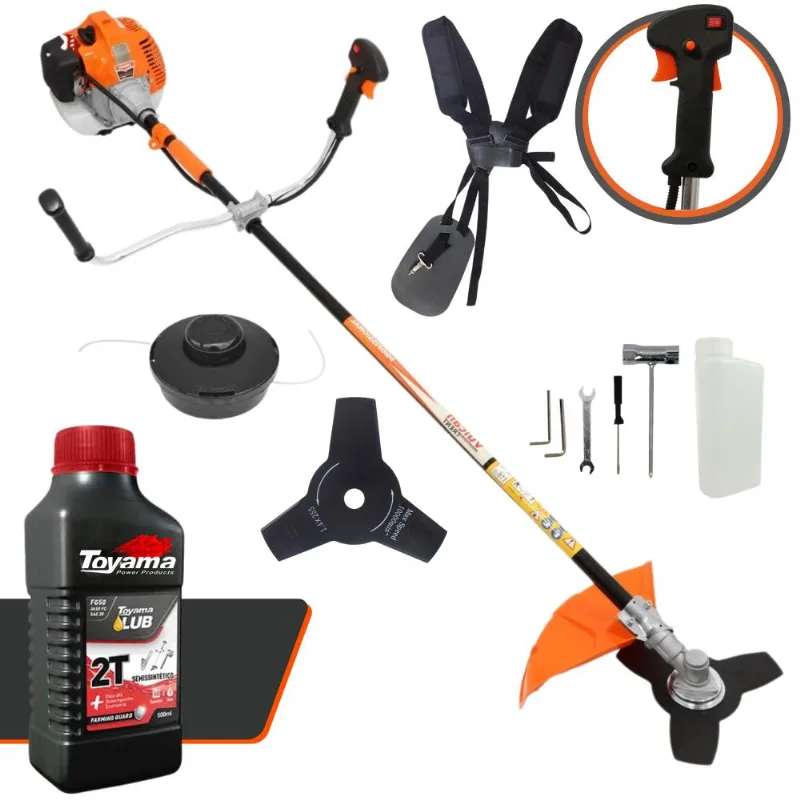 Roçadeira Robusta À Gasolina Vulcan Vr520h 52cc 2,5hp De Potência 2 Tempos Alta Rotação Completa Com Carretel Nylon + Faca 3 Pontas + Óleo Toyama Fg50
