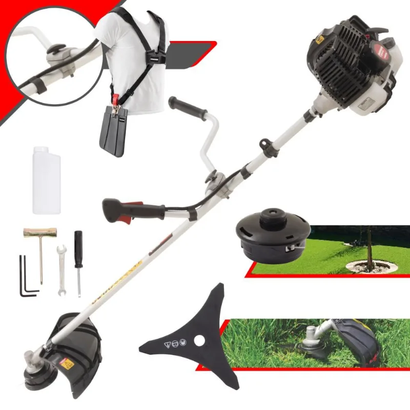 Máquina de Cortar Grama Profissional à Gasolina Kawashima KW43-LE 1,7HP 52cc Roçadeira Lateral Com Lâmina 3 Pontas e Carretel de Nylon + óleo toyama 2T