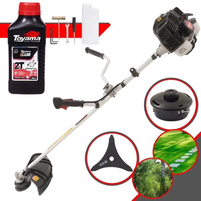 Máquina de Cortar Grama Profissional à Gasolina 2T KW52LE Kawashima 52cc 2,5HP de Potência Roçadeira Completa Com Lâmina 3 Pontas e Carretel de Nylon + Óleo Lubrificante Toyama 2T
