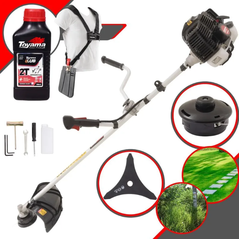 Cortador de Grama Kawashima KW52-LE à Gasolina 52cc 2,5HP Motor 2 Tempos Roçadeira Lateral Profissional Com Lâmina 3 Pontas + Carretel de Nylon + óleo toyama 2 Tempos
