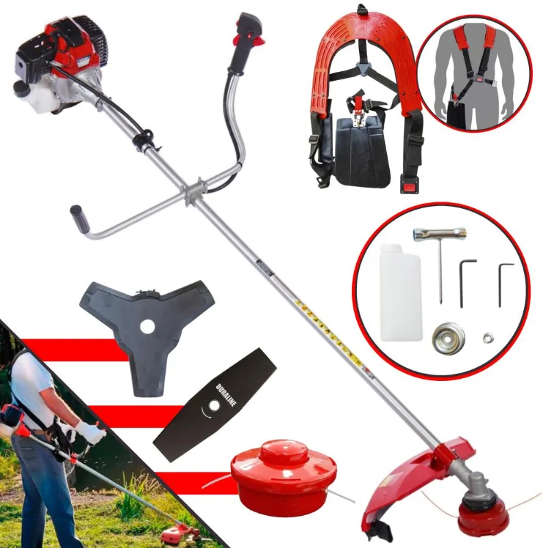 Roçadeira Completa Toyama Rt43-l À Gasolina 2 Tempos 1,7hp De Potência 43cc 10.000rpm Com Carretel De Nylon E Faca 3 Pontas + Faca 2 Pontas 330mm