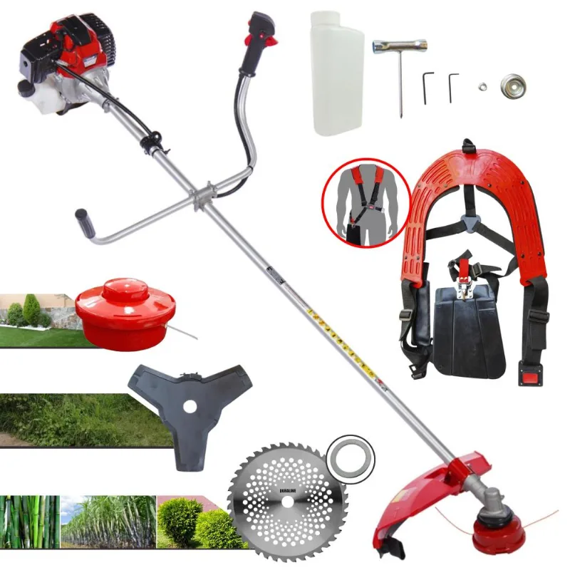 Roçadeira Robusta Toyama Rt43-l À Gasolina 2 Tempos 1,7hp De Potência 43cc 10.000rpm Com Carretel De Nylon + Faca 3 Pontas + Faca 40 Dentes De Vídea