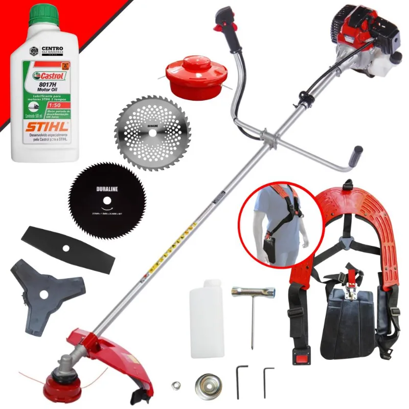Roçadeira Aparador De Grama Lateral Toyama Rt43-l À Gasolina 43cc 1,7hp Robusta Com Carretel De Nylon + Kit 4 Lâminas De Corte + Óleo Stihl 8017 2t