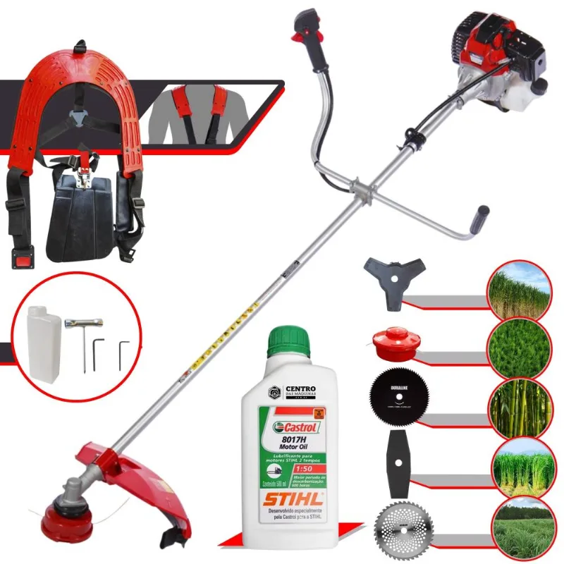 Roçadeira Aparador De Grama Lateral Toyama Rt52-l À Gasolina 52cc 2hp Robusta Com Carretel De Nylon + Kit 4 Lâminas De Corte + Óleo Stihl 8017 2t
