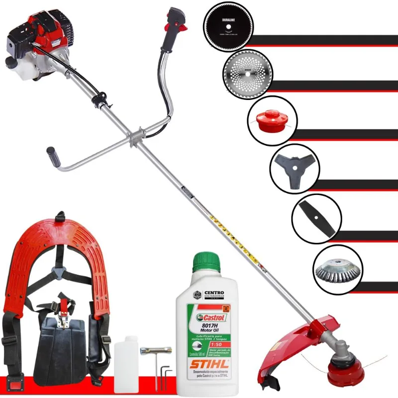 Roçadeira Com Sistema Antivibração À Gasolina Toyama Rt52l 52cc 2hp 10.000rpm 6 Em 1 Com Carretel Nylon + Kit 4 Facas + Escova De Aço + Óleo Stihl 2t